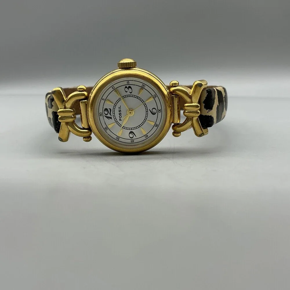 Fossil Womens Watch 23mm White Dial Gold Tone Leopard Leather Band New Battery